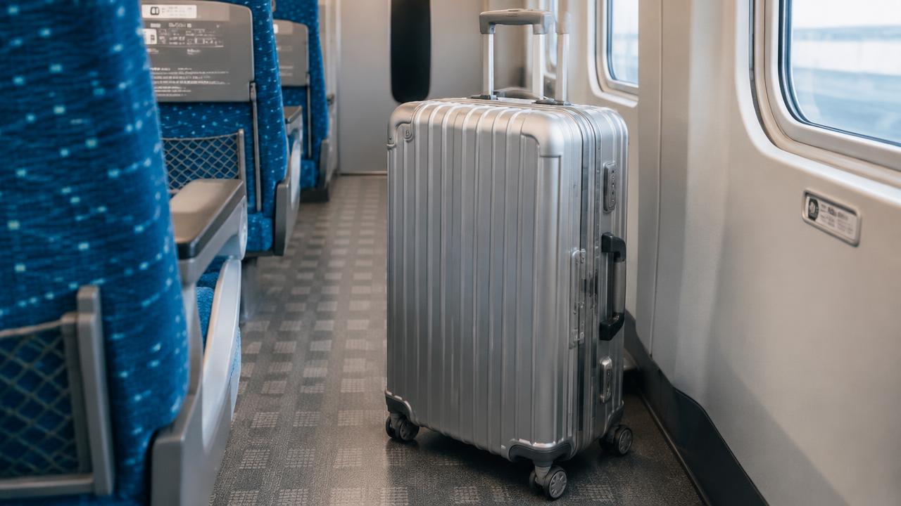 Large 28 inch suitcase inside a Shinkansen car
