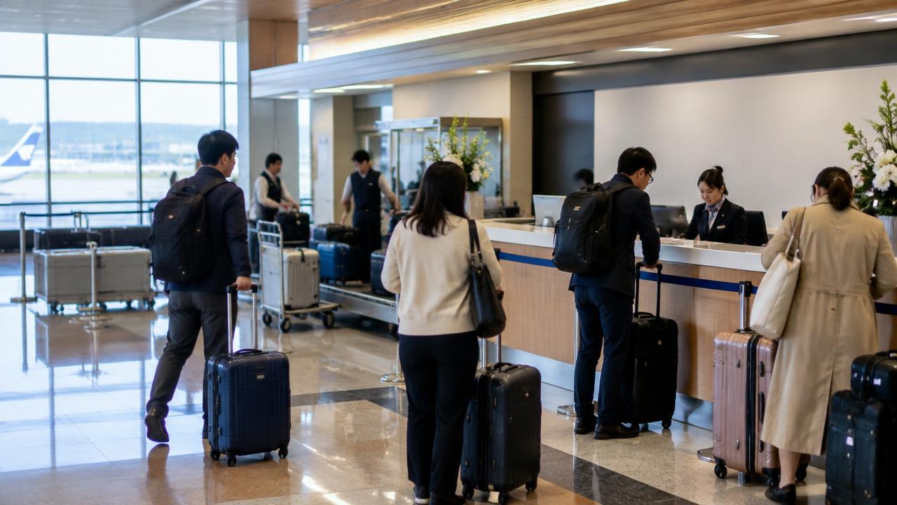 Travellers collecting suitcases at an airport counter