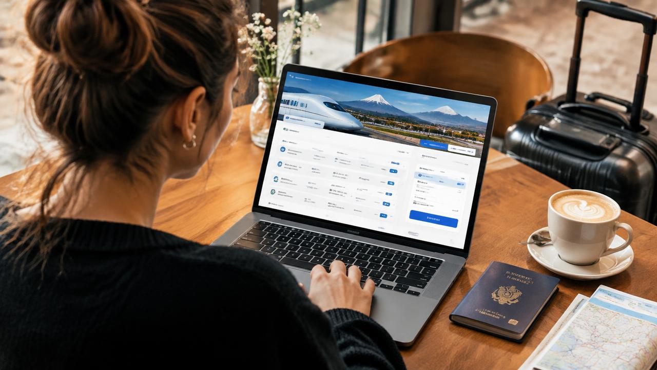 Traveller booking train seats on a laptop