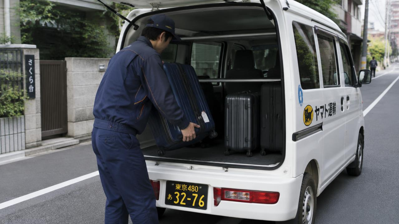 Delivery driver loading suitcases into a van in Tokyo