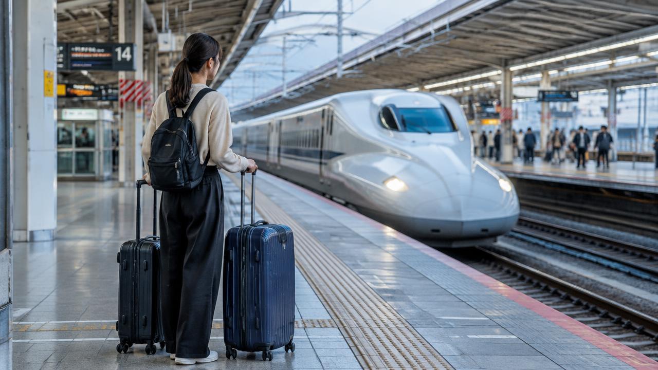 Traveller with two suitcases waiting for a Shinkansen