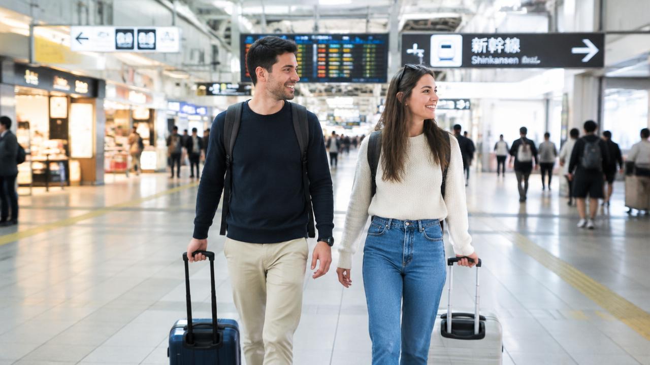 Travellers with suitcases in a Japanese station