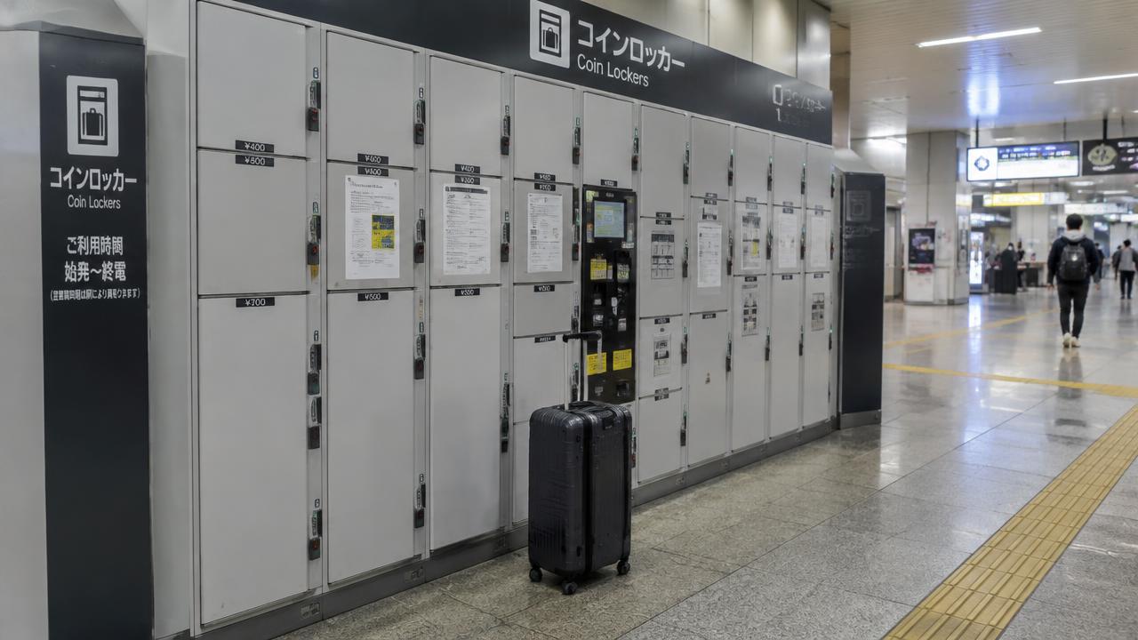 Coin lockers with a suitcase at a Japanese station