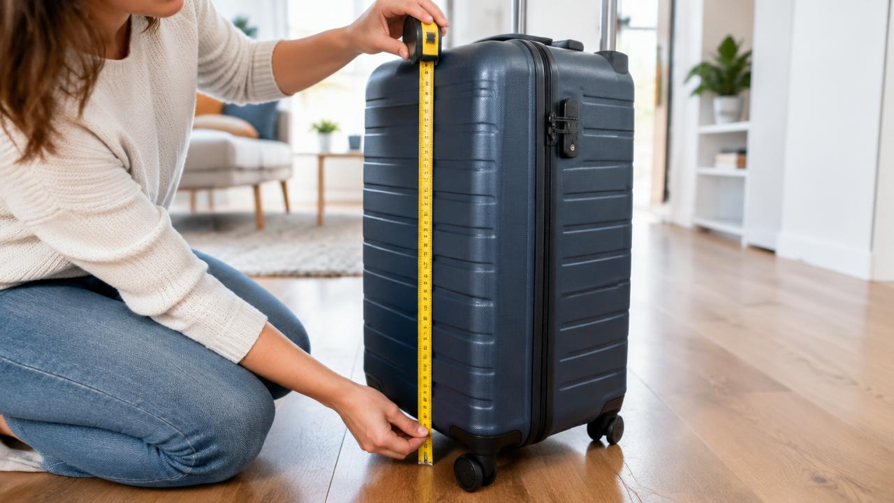 Measuring the height of a soft suitcase in a hotel room