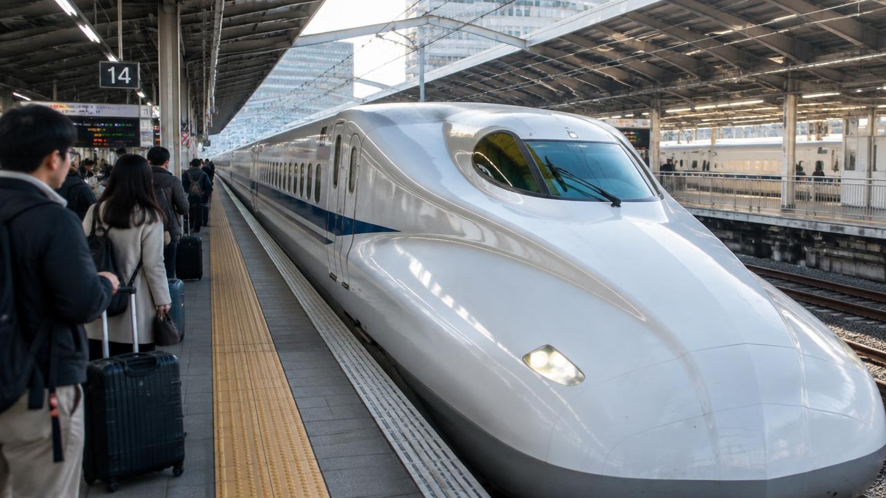 Travellers with suitcases next to a Shinkansen on the platform