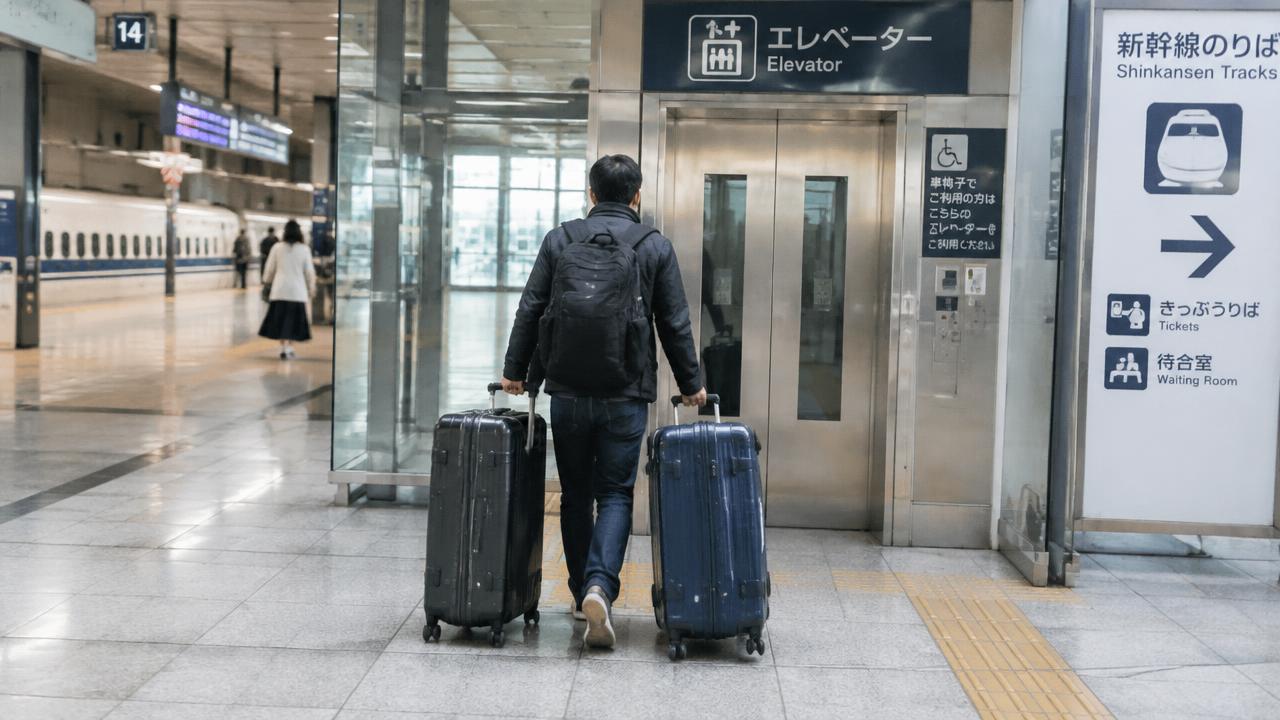 Traveller with two suitcases heading to a station elevator